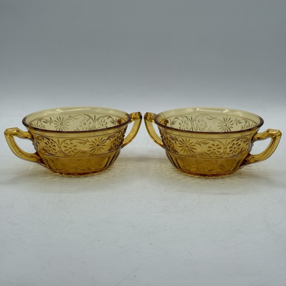 Set 2 Vintage Amber Indiana Glass 1940's Daisy‎ #620 Cream Soup Bowls W/Handles